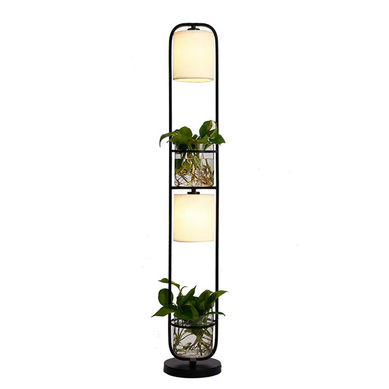 Modern 2-Headed Cylindrical Fabric Floor Lamp With Glass Plant Jar
