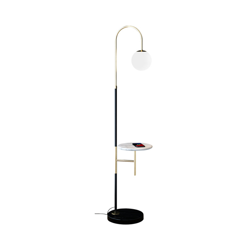 Minimalist Metal Gooseneck Floor Lamp With Single Tray And White Glass Shade