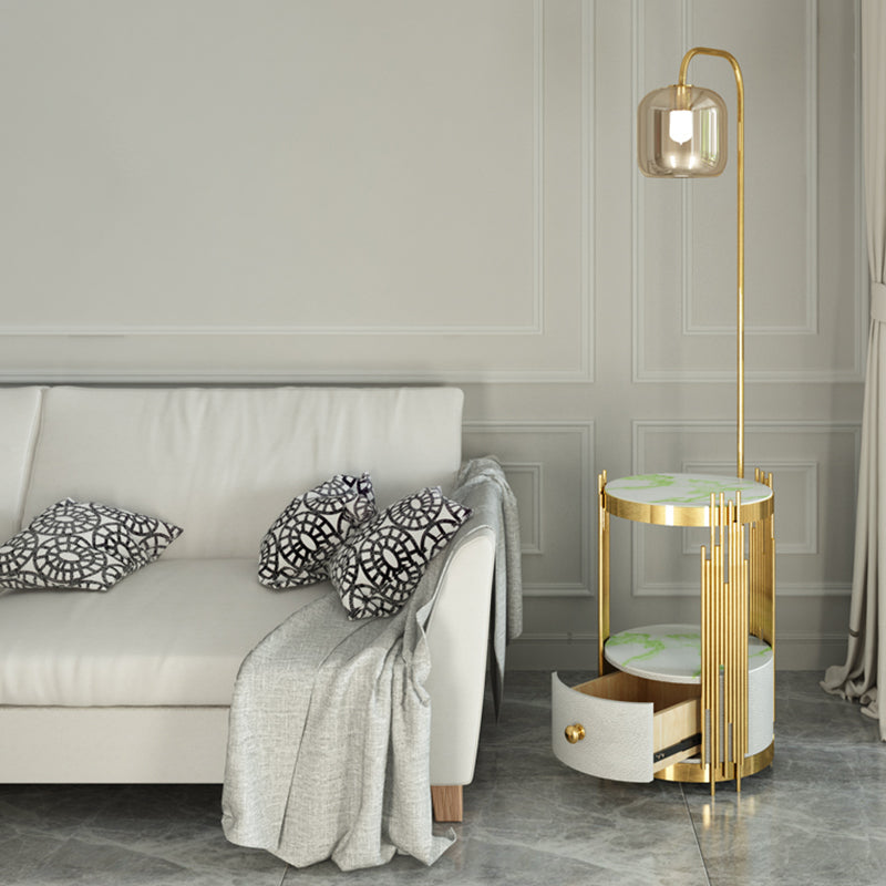 Modern Glass Cylinder Floor Lamp With Table Drawer And Gooseneck Design