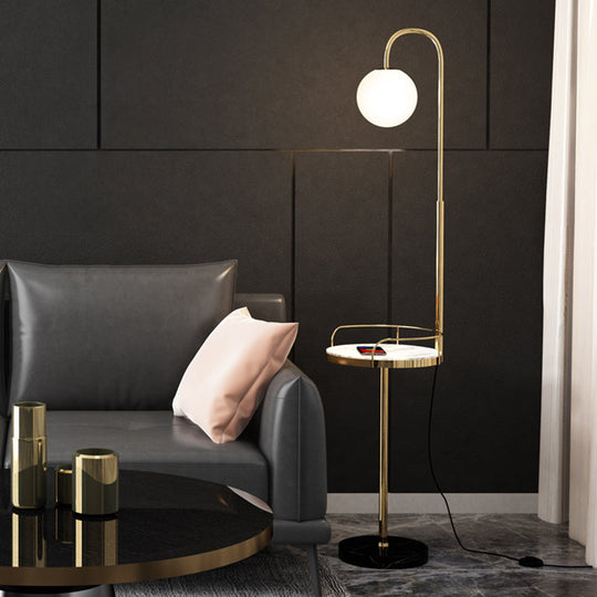 Opal Glass Minimalist Ball Floor Lamp: 1-Light Living Room Standing Light With Guardrail