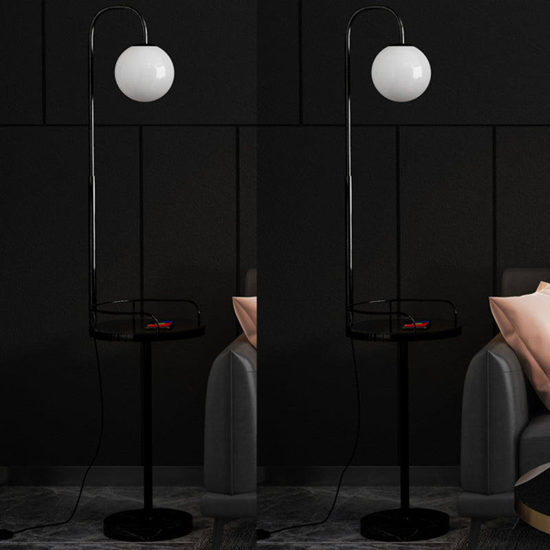 Opal Glass Minimalist Ball Floor Lamp: 1-Light Living Room Standing Light With Guardrail Black