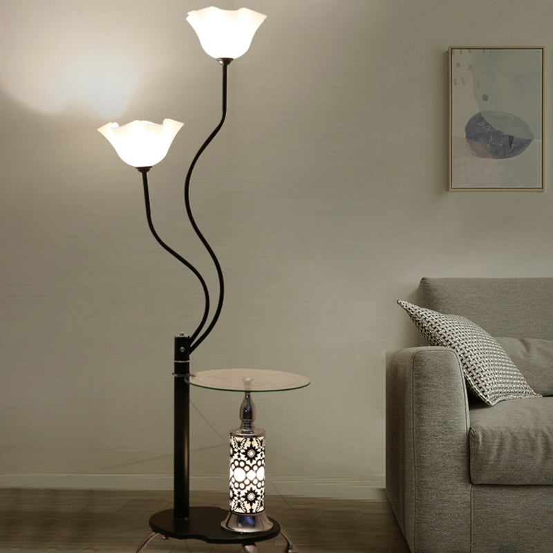 Country Black Frosted Glass Standing Floor Lamp With Tray - 3 Bulbs Open-Top Flower Light