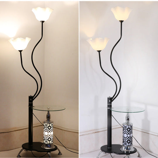 Country Black Frosted Glass Standing Floor Lamp With Tray - 3 Bulbs Open-Top Flower Light