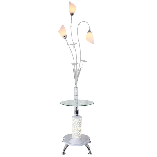 Rustic Ivory Glass 3-Light Floor Lamp With Table Tulip Living Room Standing Light