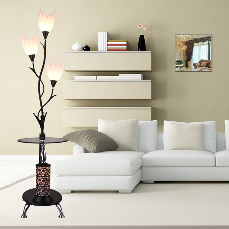 Modern Black 3-Head Tray Floor Lamp With Acrylic Flower Accent - Ideal For Living Room Décor