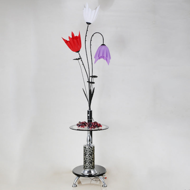 Flower Countryside Floor Lamp: Black Acrylic Tray 3-Light Design For Living Room