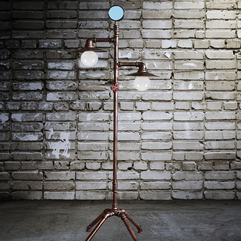 Bronze Pipe Floor Light: Industrial Iron Quadpod Lamp With Saucer Lampshade Weathered Copper