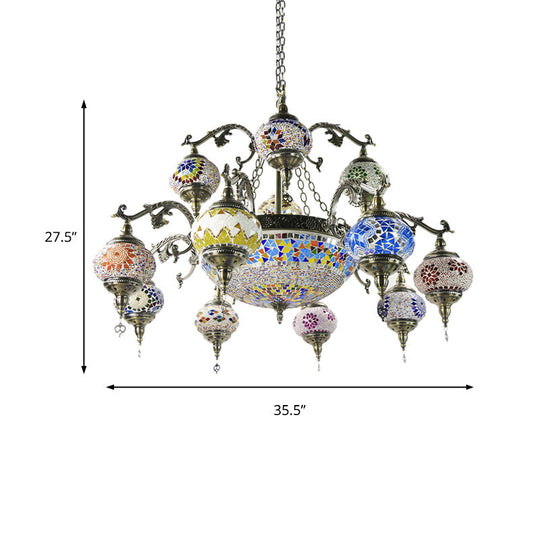 Traditional Curved Arm Metal Chandelier With Colorful Glass Shades - Bronze Finish (15 Heads)