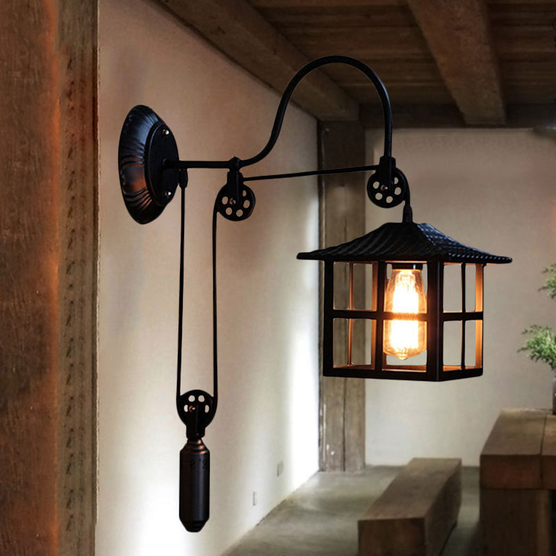 Farmhouse-Style Metal Wall Lamp With Pulley And 1 Light - Square/Rectangle Cage Indoor Décor In