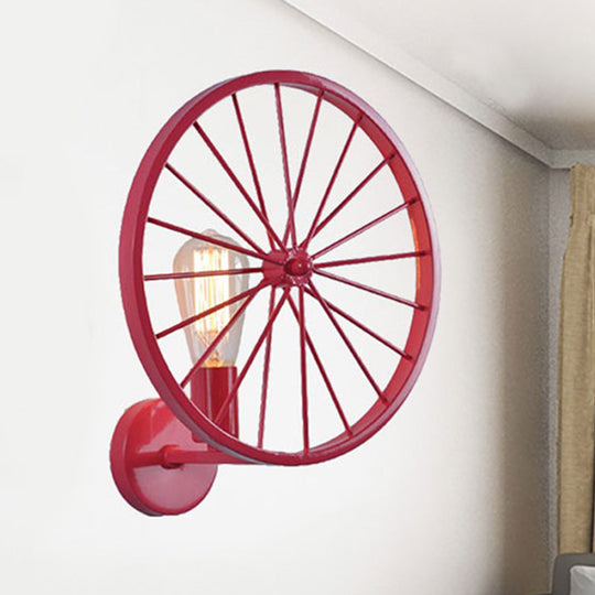 Industrial Style Bare Bulb Wall Lamp With Wheel Design - Modern Metal 1 Light Black/White/Red