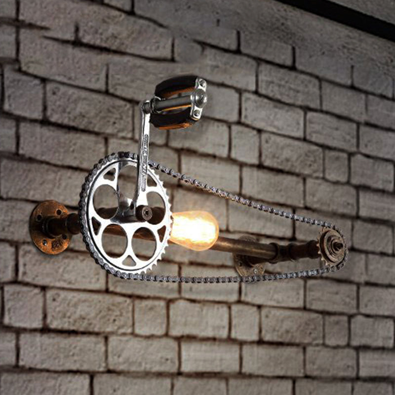 Bicycle Design Industrial Wall Sconce: 1 Light Bare Bulb Metal Mount In Bronze For Farmhouse