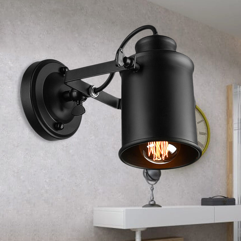 Rotatable Wall Mount Industrial Sconce Light: 1-Light Metal Shade In Black