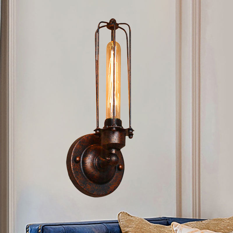 Industrial Black/Rust Metal Wall Sconce With Linear Cage Design For Living Room 1 / Rust