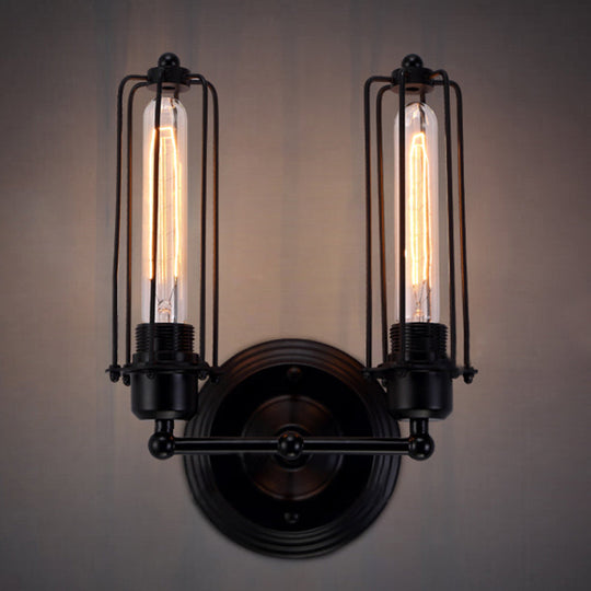 Industrial Black/Rust Metal Wall Sconce With Linear Cage Design For Living Room