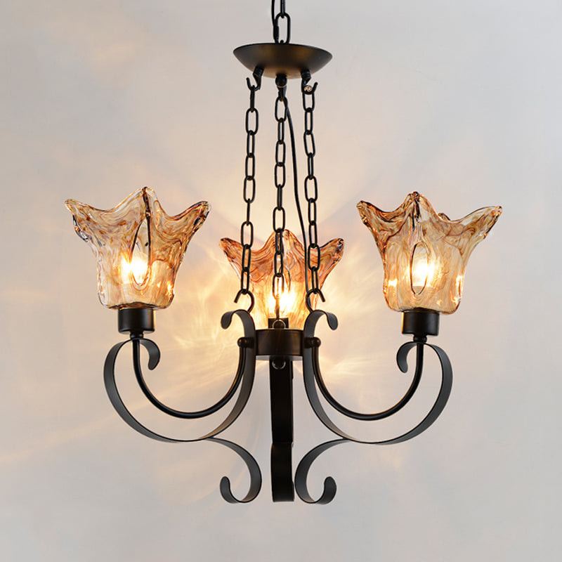 Classic Amber Glass Chandelier Pendant Light - 3/6/8 Bulb Scroll Ceiling Lamp Flower Shade For