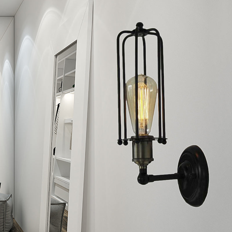 Vintage Industrial Wall Lamp - Mini Metal Fixture In Black With Tubed Cage Shade For Corridor