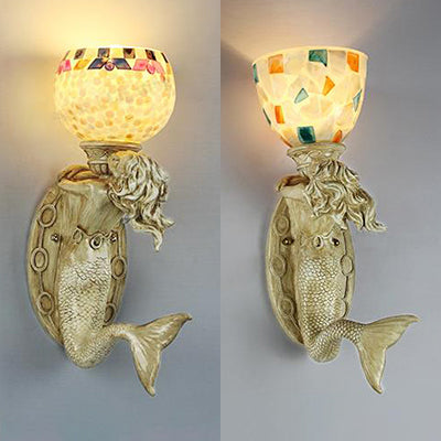 Rustic Tiffany Shell Bowl/Dome Wall Lamp - Mermaid Resin Accent Beige Finish