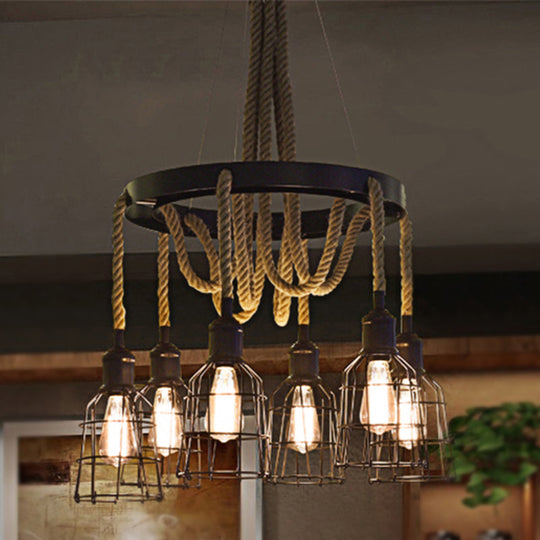 Vintage Style Black Metal Chandelier Pendant With Multi Lights And Rope - Global/Bell Cage Design /