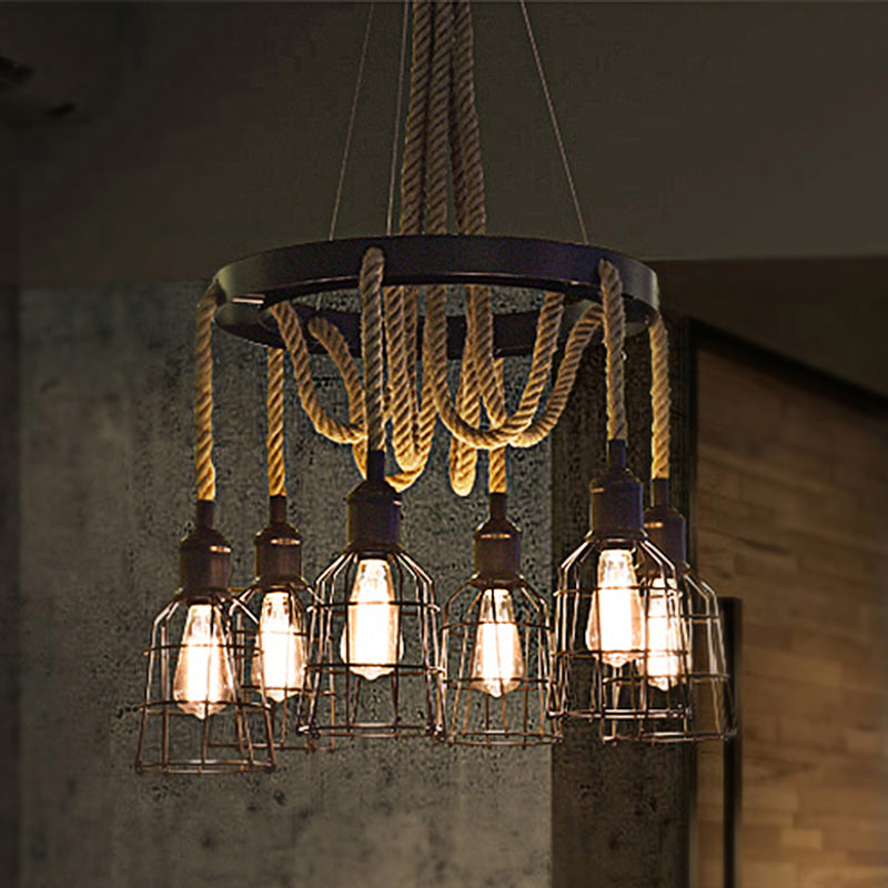 Vintage Style Black Multi-Light Chandelier Pendant with Rope Detail - Metal Global/Bell Cage Lamp