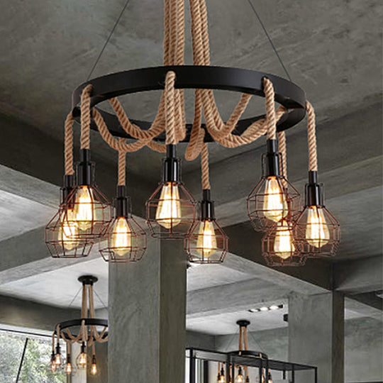 Vintage Style Black Metal Chandelier Pendant With Multi Lights And Rope - Global/Bell Cage Design /
