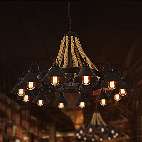Farmhouse Metallic Cone Chandelier Lamp - 6/8 Lights Pendant Lighting with Rope Detail, Black