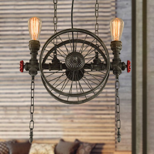 Rustic Exposed Bulb Hanging Light: Wheel Design, 2-Light Wrought Iron Pendant Chandelier in Bronze