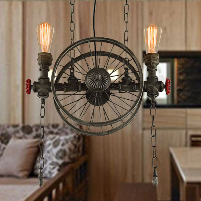 Rustic Exposed Bulb Hanging Light With Wheel Design - 2 Lights Wrought Iron Pendant Chandelier