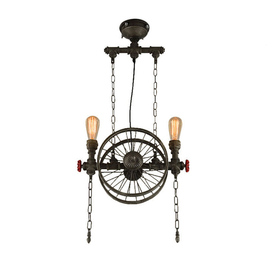 Rustic Exposed Bulb Hanging Light With Wheel Design - 2 Lights Wrought Iron Pendant Chandelier