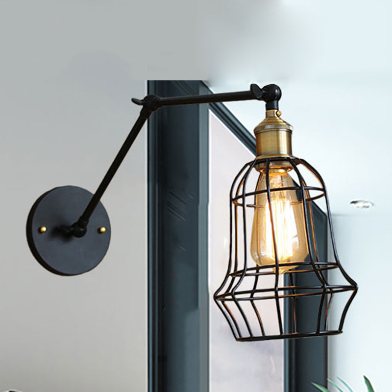 Modern Black Metal Wall Sconce With Adjustable Arm And Cage Shade - Retro Style Lighting 1 Light /