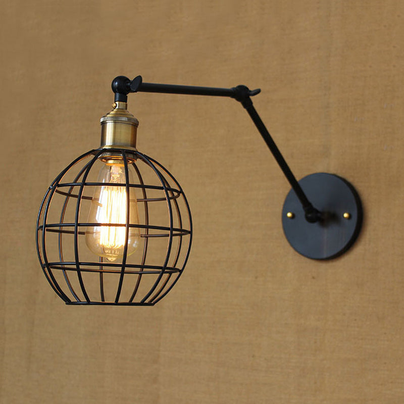 Modern Black Metal Wall Sconce With Adjustable Arm And Cage Shade - Retro Style Lighting 1 Light