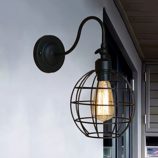 Retro Style Black Globe Wall Mount Light With Gooseneck Arm - Bedroom Mini Lamp /