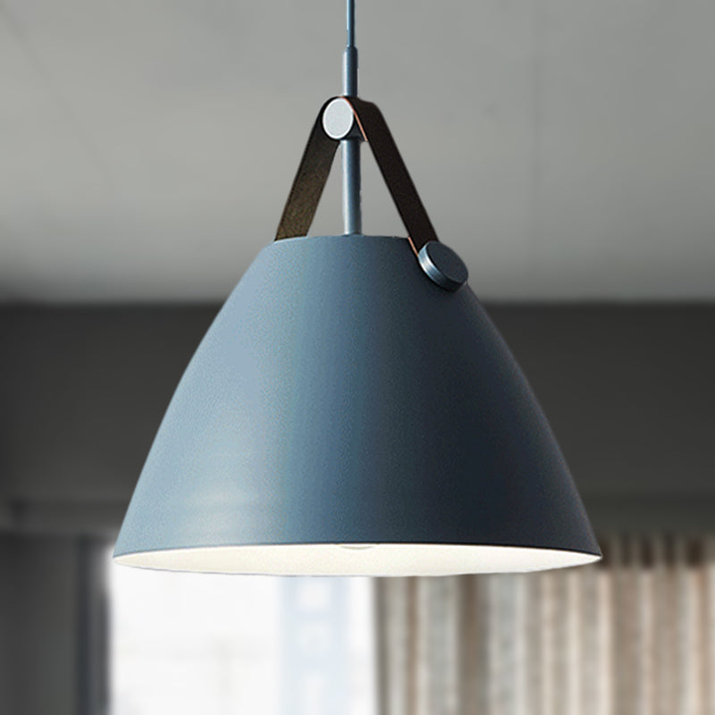 Modernist Conical Pendant Light 10.5/14 W 1-Bulb Metallic Suspension With Leather Strap Black/Blue