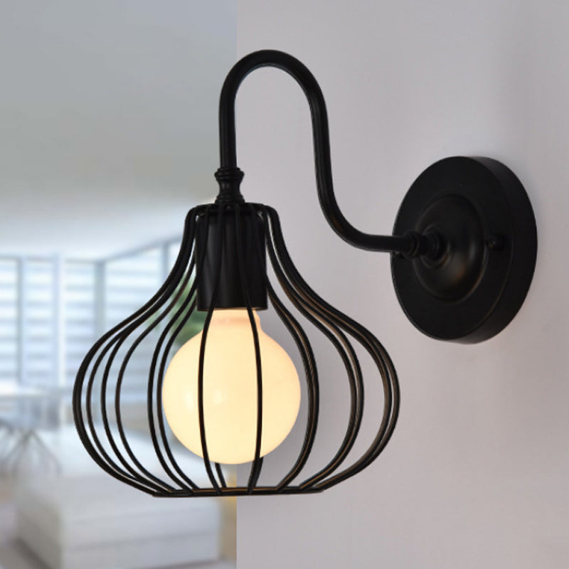 Loft Style Black/White Metallic Mini Wall Lighting With Gooseneck Arm For Bedroom - 1 Light Onion