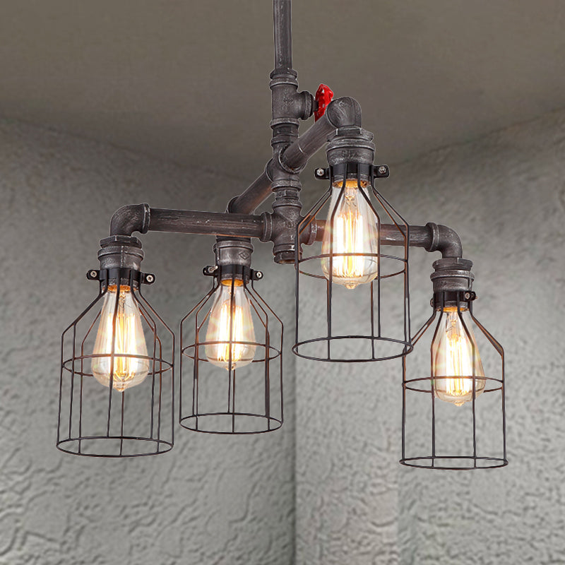 Vintage Caged Chandelier Pendant Light - Water Pipe 4-Light Wrought Iron Ceiling Fixture In Rustic