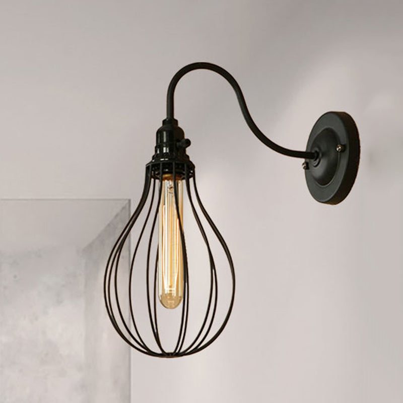 Industrial 1 Light Metallic Oval/Teardrop/Bulb Wall Lamp With Wire Guard In Black / Teardrop