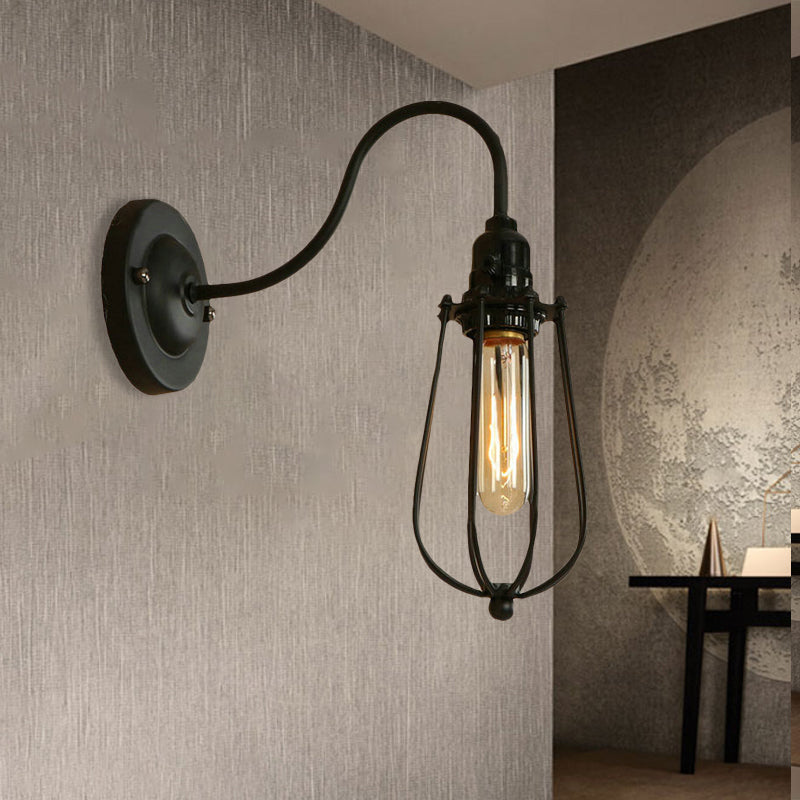 Industrial 1 Light Metallic Oval/Teardrop/Bulb Wall Lamp With Wire Guard In Black / Bulb