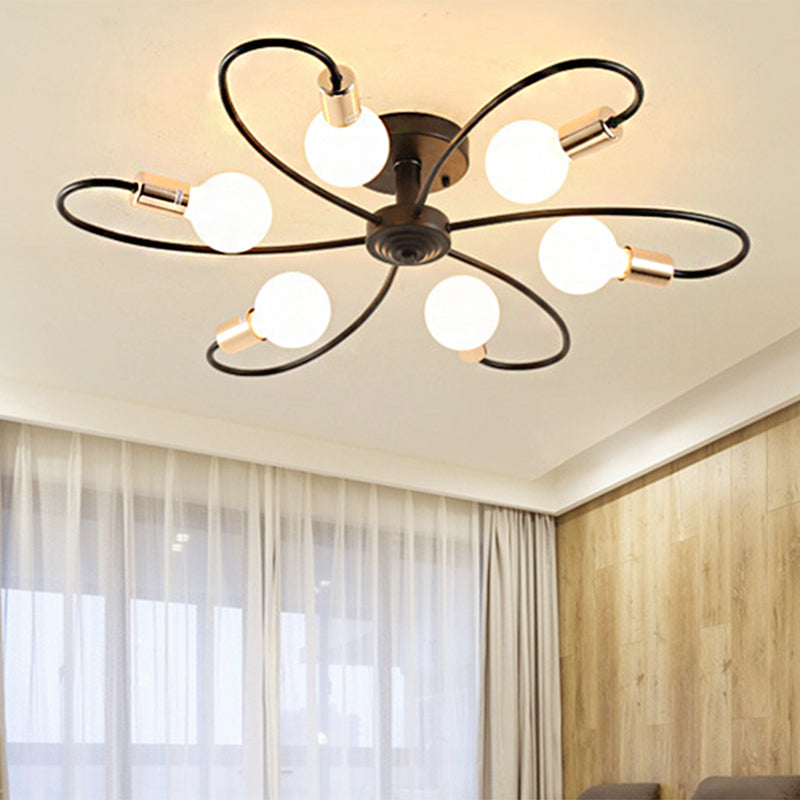 Metal Semi Flush Light With Exposed Bulbs - Traditional Black Ceiling Lighting For Living Room