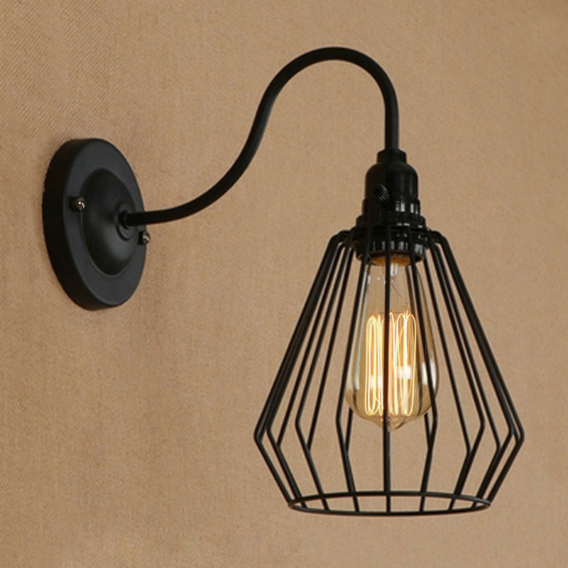 Industrial 1-Head Black Gooseneck Wall Light With Cage Shade For Living Room