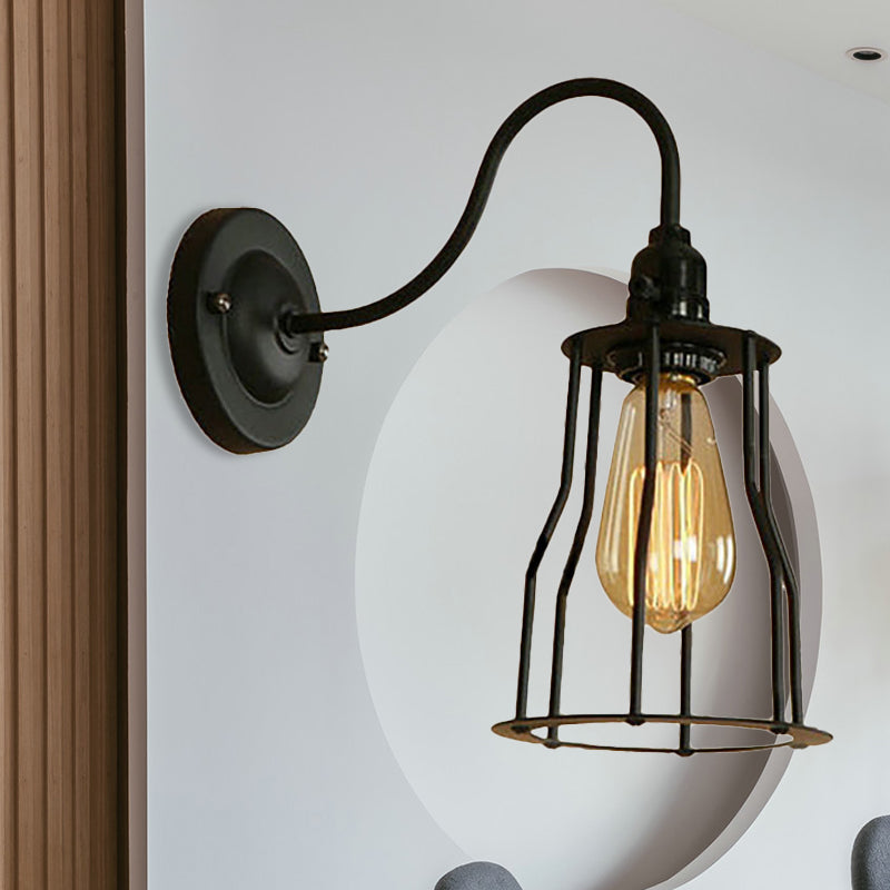 Industrial 1-Head Black Gooseneck Wall Light With Cage Shade For Living Room / Cylinder