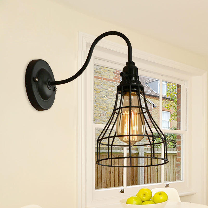 Industrial 1-Head Black Gooseneck Wall Light With Cage Shade For Living Room / Barn