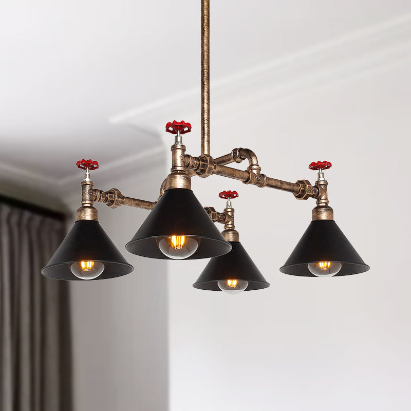 Vintage Metal Pendant Lighting - Stylish Cone Shade Chandelier Fixture with Red Valve (4/6 Lights)