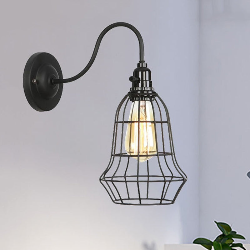 Industrial Cage Wall Sconce - 1 Bulb Metallic Lighting With Gooseneck Arm In Black / Barrel