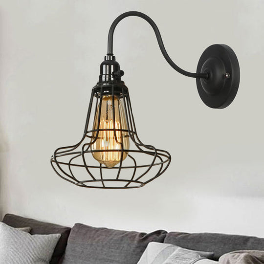 Industrial Cage Wall Sconce - 1 Bulb Metallic Lighting With Gooseneck Arm In Black / Vase
