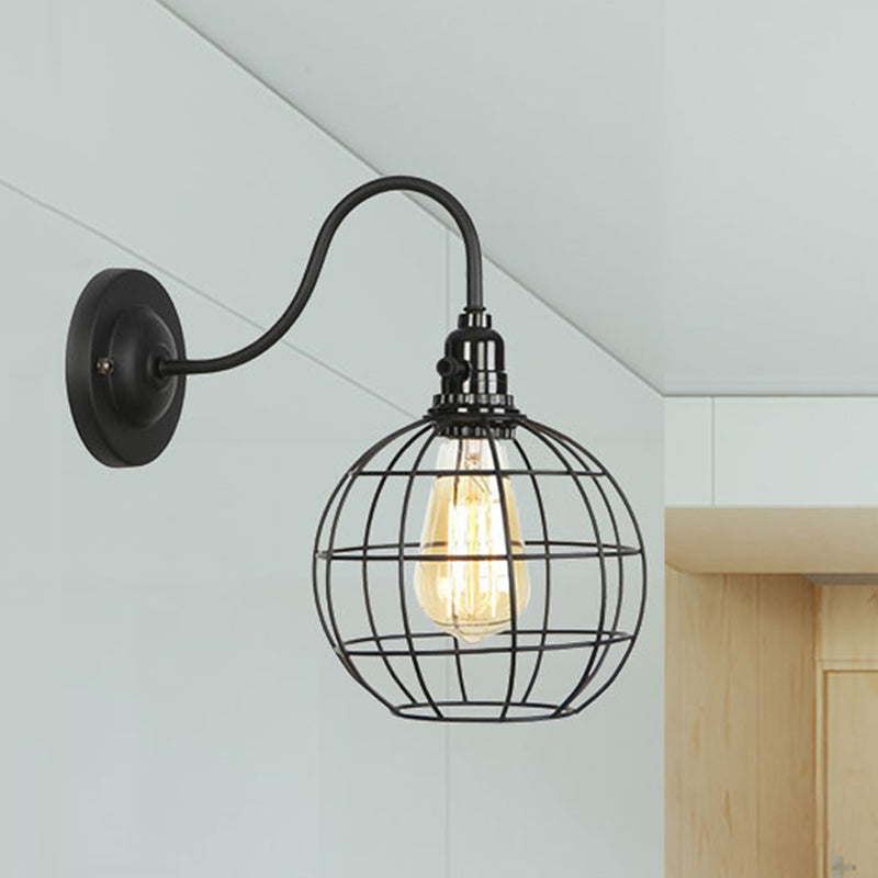 Industrial Cage Wall Sconce - 1 Bulb Metallic Lighting With Gooseneck Arm In Black / Globe