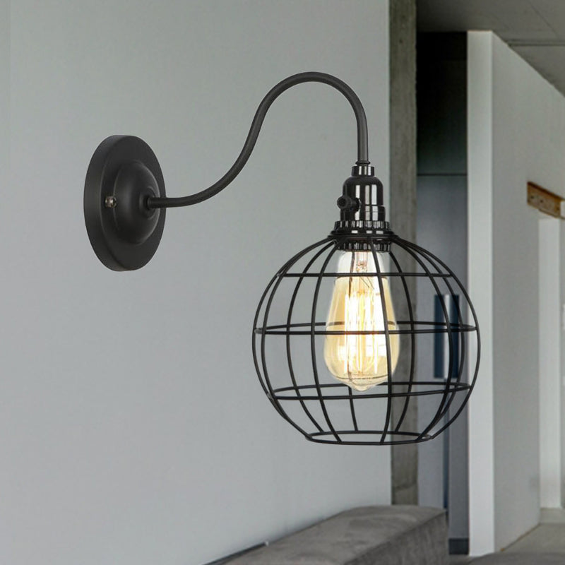 Industrial Cage Wall Sconce - 1 Bulb Metallic Lighting With Gooseneck Arm In Black