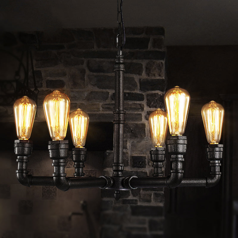 Vintage Metal Pendant Chandelier Lamp: 3/6 Heads, Bare Bulb Design with Water Pipe Accent - Black