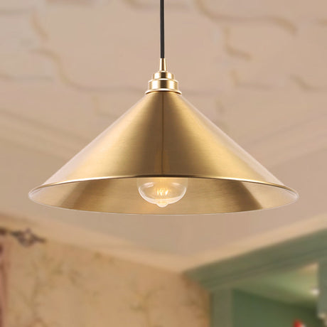 Conic Shade Metallic Pendant Light - Vintage Brass Indoor Ceiling Fixture With 1 Hanging