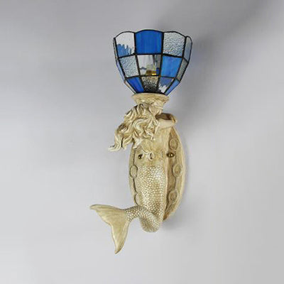 Mermaid Wall Sconce With Grid Glass Shade And Lodge Mount - White/Blue
