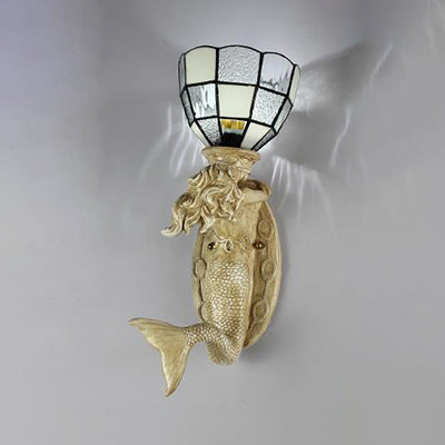 Mermaid Wall Sconce With Grid Glass Shade And Lodge Mount - White/Blue White