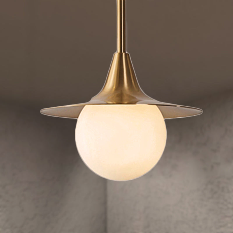 Mid Century Brass Pendant Light With Flared Milk Glass Ball Shade Ideal For Dining Table